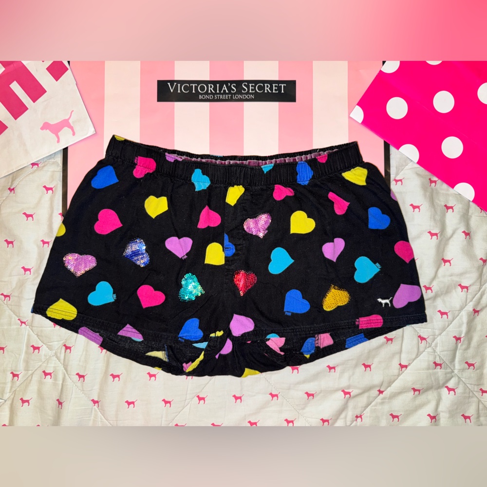 VS PINK VINTAGE Y2K COTTON BOOTY BOXER SHORTS BLACK RAINBOW HEARTS BLING RARE M - Picture 2 of 7